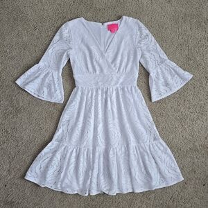 Lilly Pulitzer Dress - Cecilia White Rose Print Lace - 3/4 Sleeve V-Neck Size 4